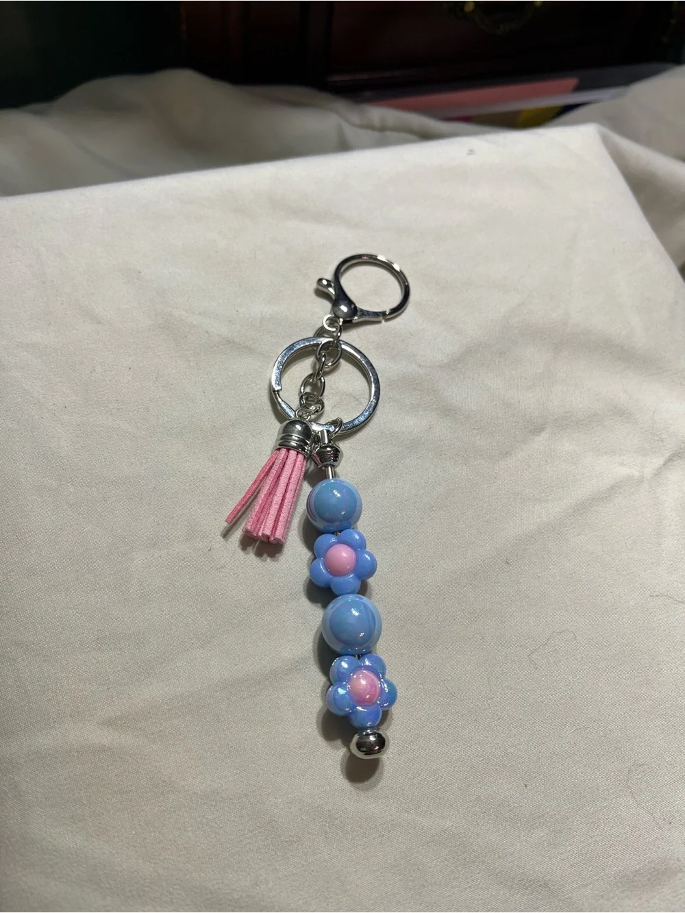 Blue & Pink Floral Bead Tassel Keychain
